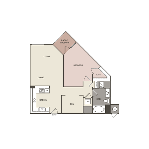 Floor plan for 1 bed, 1 bath, 882 sqft